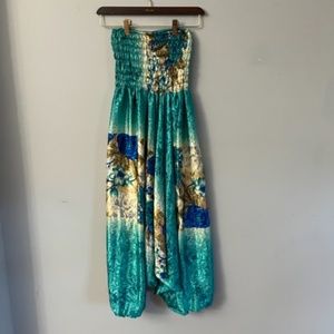 GORGEOUS Teal color strapless romper dress (S) 100% silk